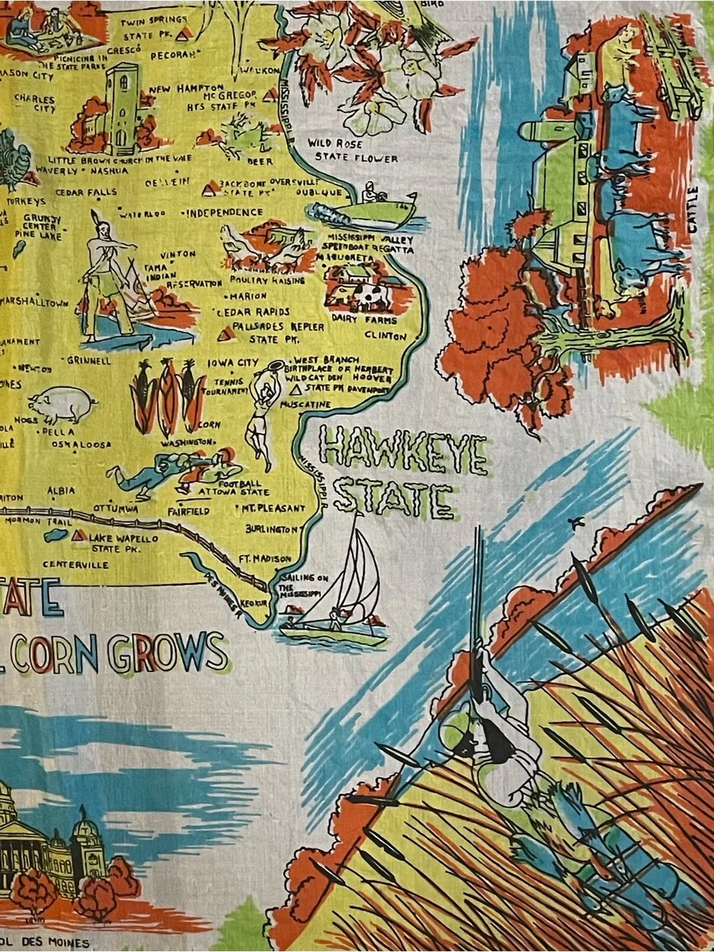 Rare Vintage 50s Iowa Souvenir Silk Scarf 30 In Sq Very Good Condition